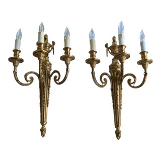 Pair of Antique Louis XVI Style Gilt Bronze 3-Light Sconces France 1920s-1930s For Sale