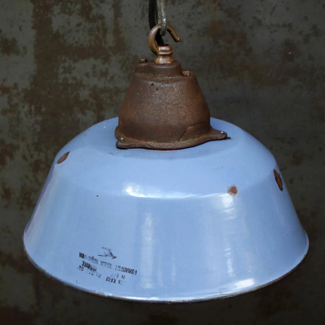 Vintage Industrial Blue Enamel, Clear Glass and Cast Iron Pendant Light For Sale - Image 4 of 5
