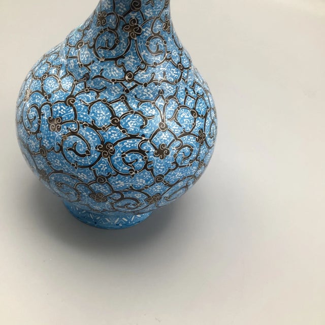Vintage Ottoman Style Persian Enamel Floral Mouth Vase Blue Gold and White Enamel Over Metal Body With Artist Mark For Sale - Image 9 of 13