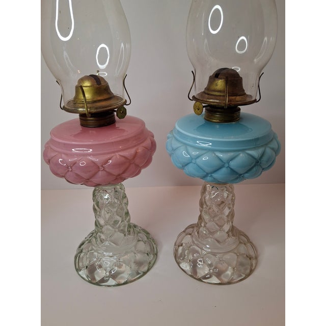 Victorian Rare Pair Antique Consolidated Pink & Blue Cased Glass Florette Stand Lamps P&A For Sale - Image 3 of 18