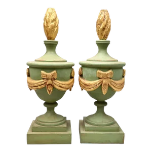 Decorative Pair of Early 20th Century Wooden Light Green and Gold Painted Architectural Finials