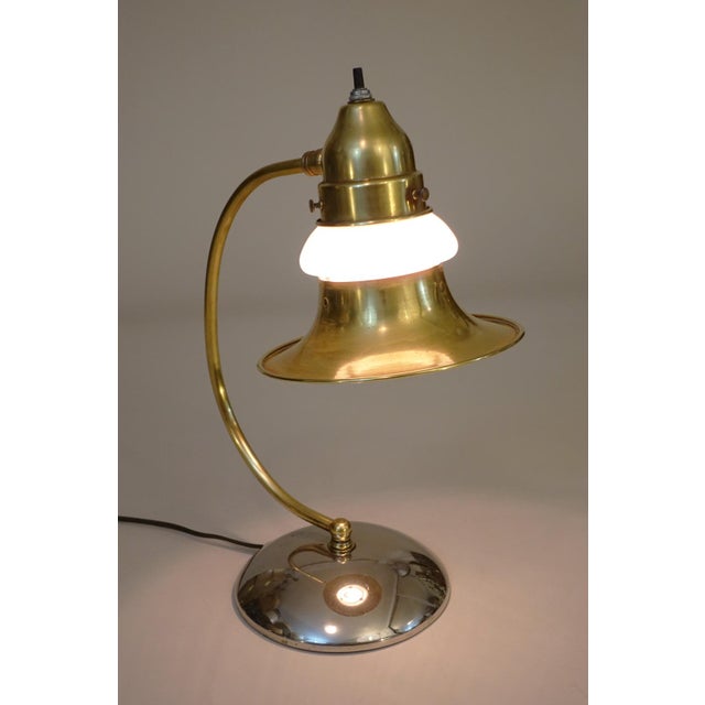 Art Deco 1930s Art Deco Streamline Brass Chrome Milk Glass "Halo" Table Lamp Markel Faries Era For Sale - Image 3 of 10