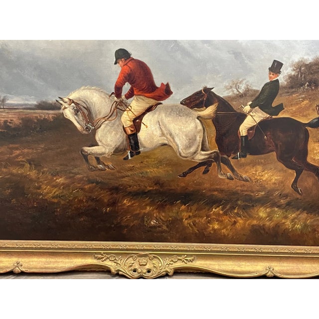 British 19th Century Hunting Charge Grey & Chestnut GallopingHorses Oil Painting Signed Thomas Smythe For Sale - Image 10 of 13