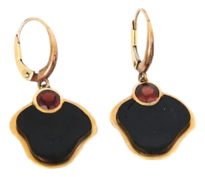 Garnet Black Coral Flower 14k Yellow Gold Dangle Earrings