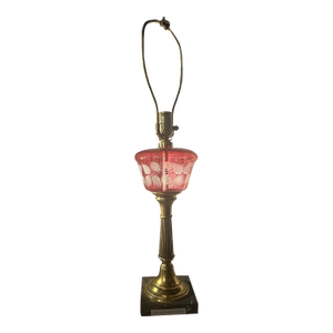 Antique Pink Cranberry Etched Glass Oil Lamp Converted to Electricity