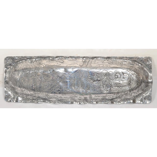 1990s Safari Giraffe Arthur Court Cast Aluminum Repousse Rectangle Serving Platter Tray For Sale - Image 10 of 12