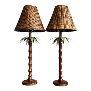 Vintage Hollywood Regency Faux Bamboo English Mahogany Palm Lamps For Sale