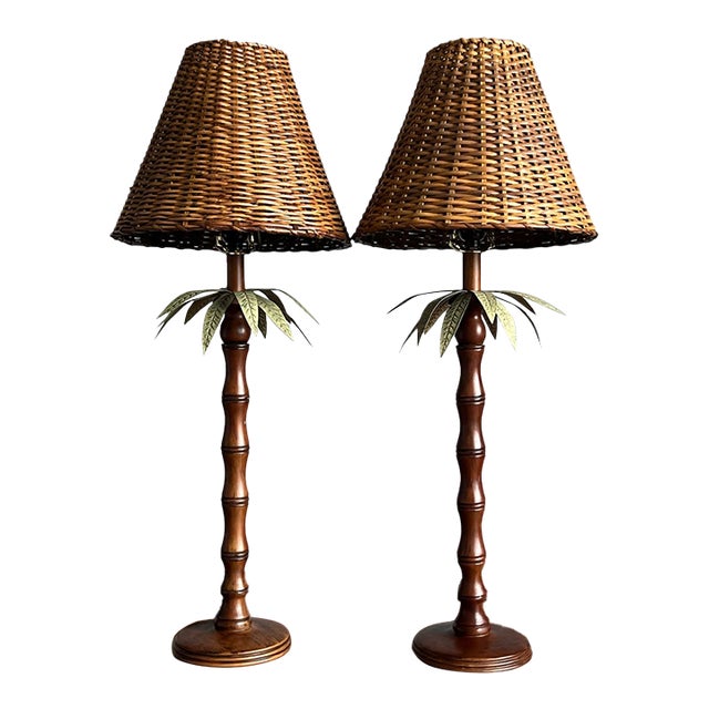 Vintage Hollywood Regency Faux Bamboo English Mahogany Palm Lamps For Sale