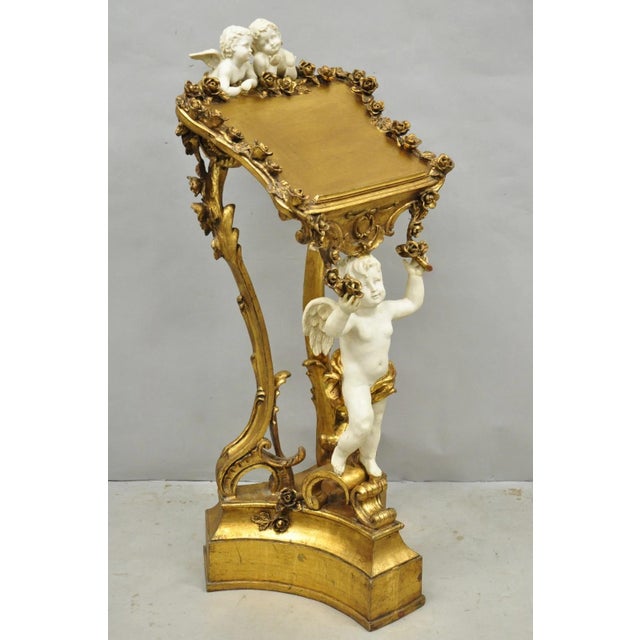 Vintage Ornate Italian Venetian Style Figural Cherub Putti Gold Gilt Cast Resin Bookstand Lectern with Cascadig Rose...