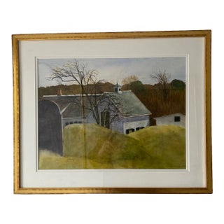 Contemporary Bucolic Landscape Watercolor Painting, Framed For Sale