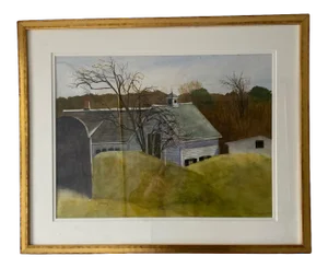 Contemporary Bucolic Landscape Watercolor Painting, Framed
