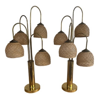 Midcentury Rattan and Brass Tone Waterfall Lamps - A Pair For Sale