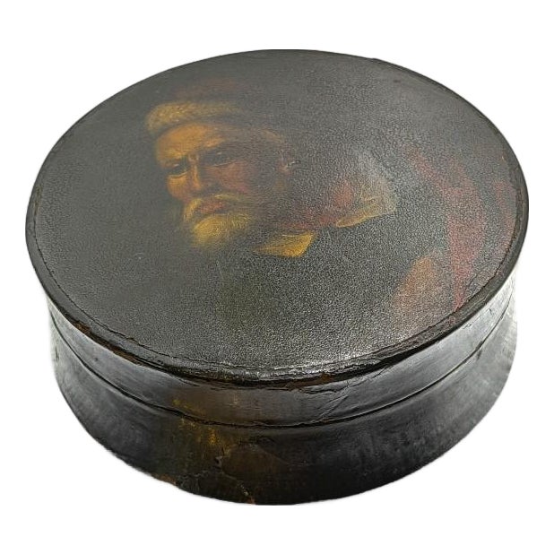 Antique Lacquer Snuff Box — Hand-Painted Gentleman Portrait (Round Lidded Box) For Sale