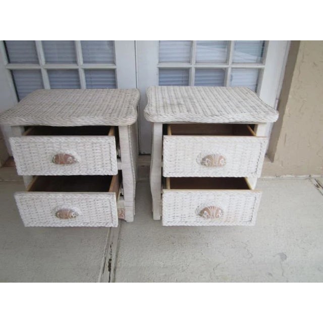 1980s White Wicker Rattan Nightstand Two Drawer Set of 2 For Sale - Image 9 of 13
