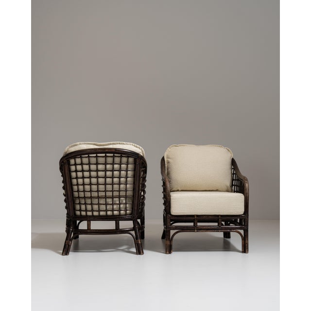 Pair of 20th Century French Dark Brown Mid-Century Organic Modernism Faux Bamboo Upholstered Armchairs For Sale - Image 14 of 15