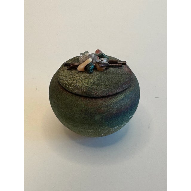 Bottle Green Modern Asian Raku & Polished Stone Small Lidded Jar For Sale - Image 8 of 11