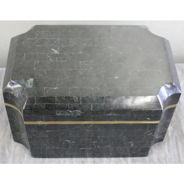 Karl Springer tessellated stone box with brass trim, concave corners and shagreen lining. Excellent example of this iconic...