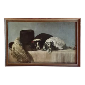 Antique 19th Century Oil Painting on Board Depicting Two Cavalier King Charles Spaniel Dogs