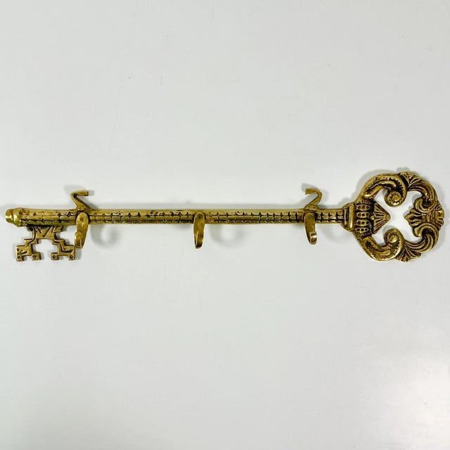 Mid-Century English Victorian Brass Antique Key Motif Wall Hook For Sale - Image 4 of 12