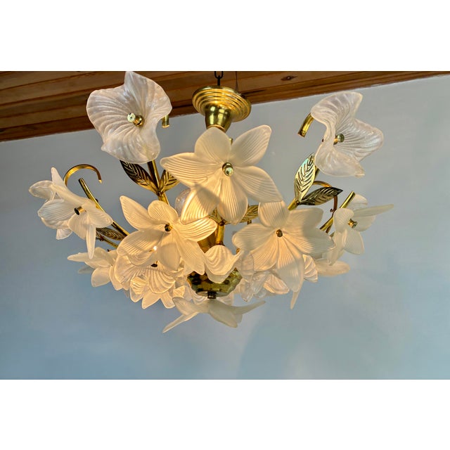 Vintage White Milk Glass Floral Flush Mount Chandelier For Sale - Image 10 of 14