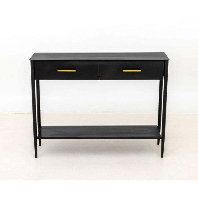 West Elm Patinated Black Steel Console Table, the two drawers with brass-finished drawer pulls on four supports conjoined...