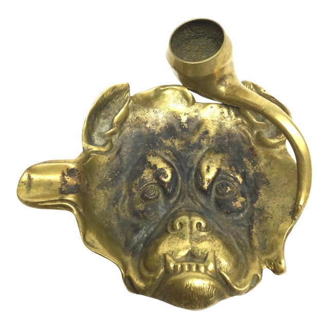 Antique Victorian Solid Brass Carved Bulldog Ashtray Match