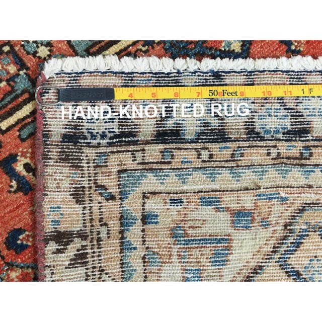 Textile 1960s Sunset Colors, Hand Knotted Vintage Persian Hamadan With Fish Repetitive Design, Distressed Wool, Wide Runner Rug For Sale - Image 7 of 8