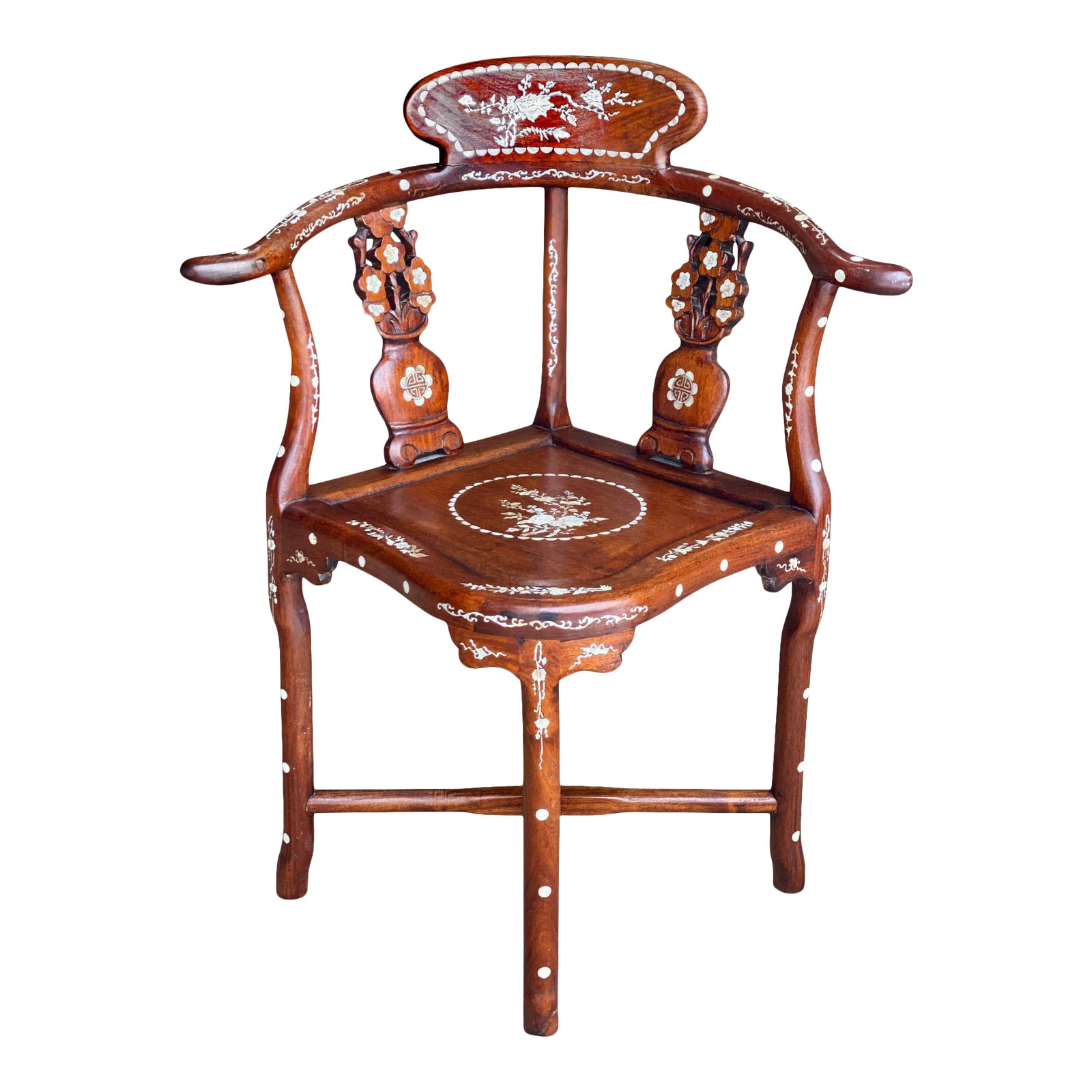 Vintage Chinese Carved Rosewood Mother of Pearl Inlay Motif Corner