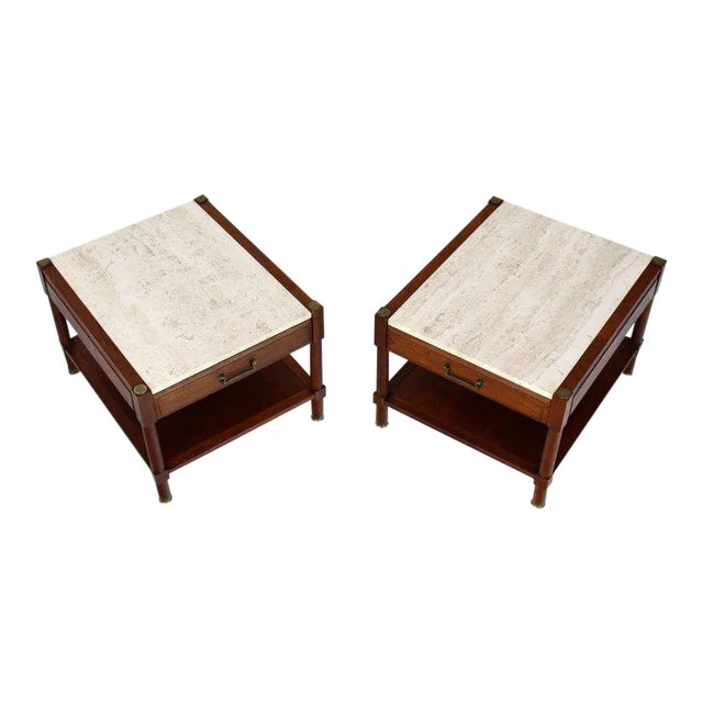 1970s Mid-Century Modern Travertine Tops One Drawer Oiled Walnut End Tables - a Pair For Sale - Image 14 of 14