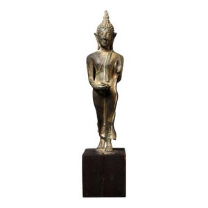 Late 19th Century Antique Bronze Northern Thai Bronze Walking Buddha on Wooden Stand