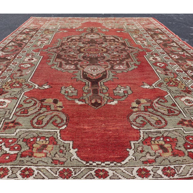 Antique Turkish Oushak Rug With Medallion in Soft Red, Light Green & Brown For Sale In Atlanta - Image 6 of 16