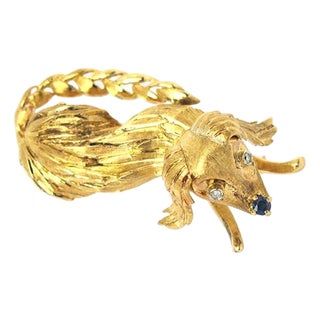 Mid 20th Century Diamond & Sapphire 18k Yellow Gold Dog Pin Brooch For Sale