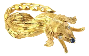 Mid 20th Century Diamond & Sapphire 18k Yellow Gold Dog Pin Brooch