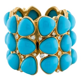 1990s Kenneth Jay Lane Kjl Cuff Gripoix Style Poured Lucite Resin Cabochon Bracelet Bangle Turquoise Crystal Wide Opens For Sale