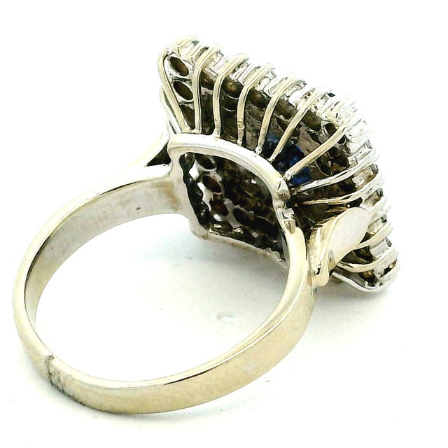 1980s Vintage Sapphire & Diamond Square Cluster Ring in 14k White Gold, Size 7 For Sale - Image 5 of 13