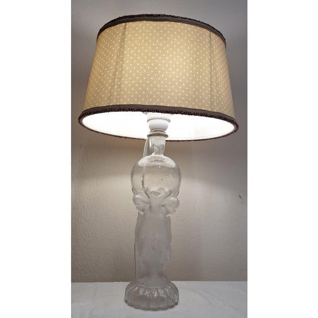 1970s French Table Lamp with Partially Frosted Glass Base, Atlas Motif and Fabric Shade, 1970s For Sale - Image 5 of 9