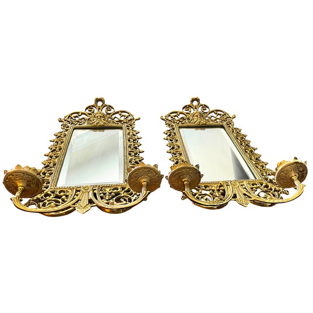 1980s Pair of Virginia Metalcrafters Brass Wall Mirror Sconces With Green Man Motif & Candleholders For Sale - Image 5 of 13