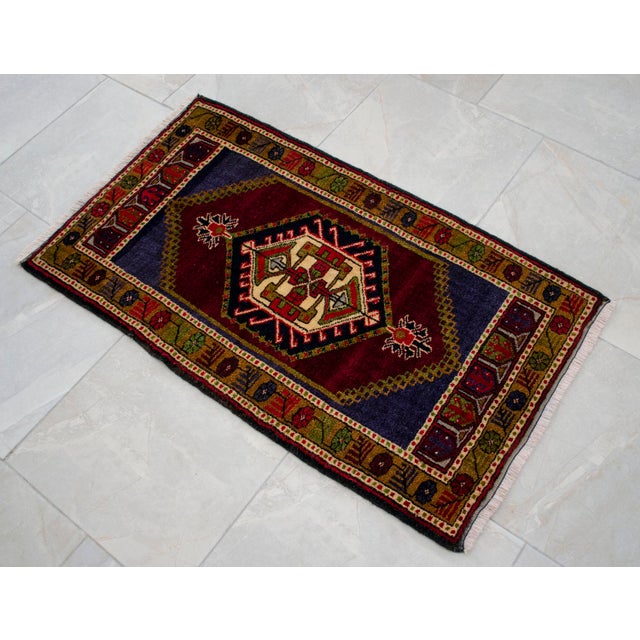 Burgundy 1970s Hand Knotted Small Turkish Rug Entryway Decor Bath Mat Kitchen Rug - 22'' X 39'' For Sale - Image 8 of 10