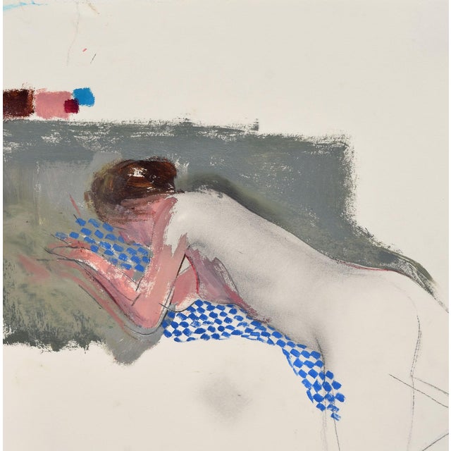 This mixed media work on paper captures a contemplative figure leaning forward, with a blend of soft, muted colors...
