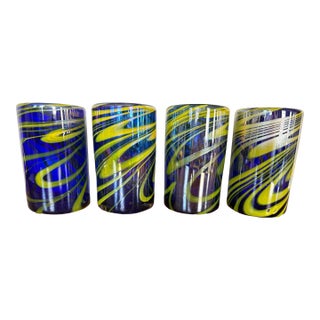 Late 20th Century Hand Blown Glass Tumblers – Set of 4 Cobalt Blue Swirl Cups – Modern Studio Art Glass Drinkware For Sale