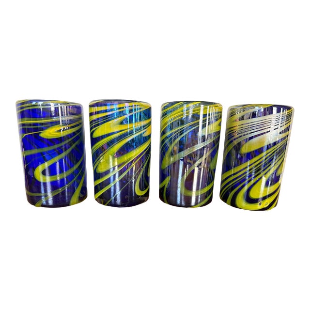 Late 20th Century Hand Blown Glass Tumblers – Set of 4 Cobalt Blue Swirl Cups – Modern Studio Art Glass Drinkware For Sale