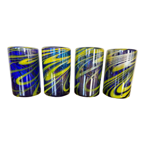 Late 20th Century Hand Blown Glass Tumblers – Set of 4 Cobalt Blue Swirl Cups – Modern Studio Art Glass Drinkware