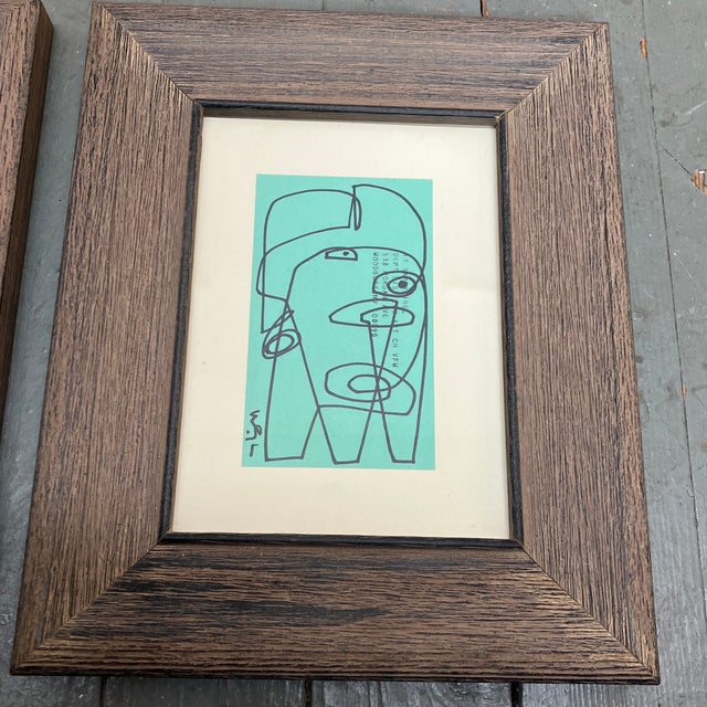 Abstract Contemporary 2 Original Wayne Cunningham Abstract Ink Drawings Distressed Wood Frames-a Pair For Sale - Image 3 of 4