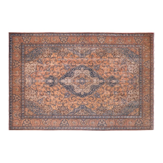 1970s Hand-Knotted Wool Area Rug - Peach, Terracotta & Blue Medallion 9.9x13 For Sale