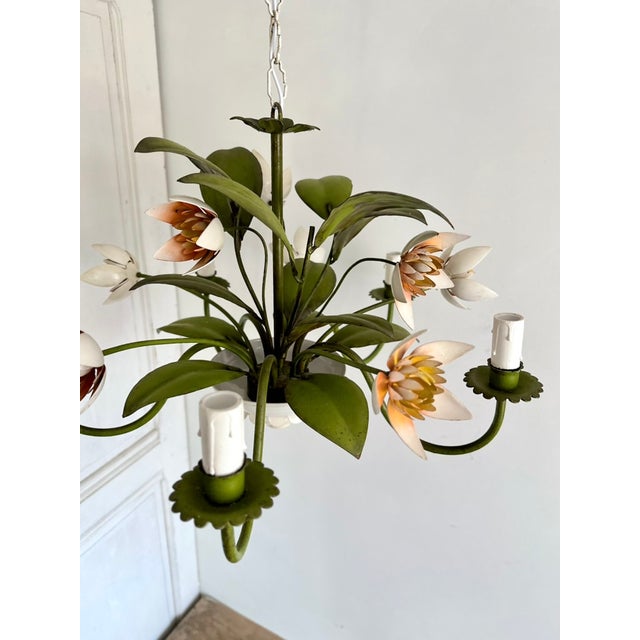 Vintage French Painted Tole 5-Light Water Lily Chandelier, 1960s For Sale - Image 9 of 18