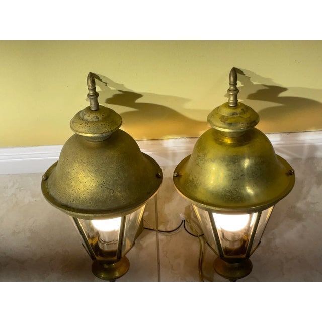 Metal Pair of Vintage Wall Hanging Brass Lantern For Sale - Image 7 of 12