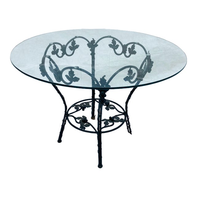 Vintage Victorian Style Wrought Iron Grape Design Base & Heavy Glass Top Table For Sale
