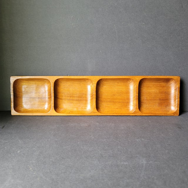 Vintage Mid Century Modern Long 4 Compartment Teak Wood Divided Tray