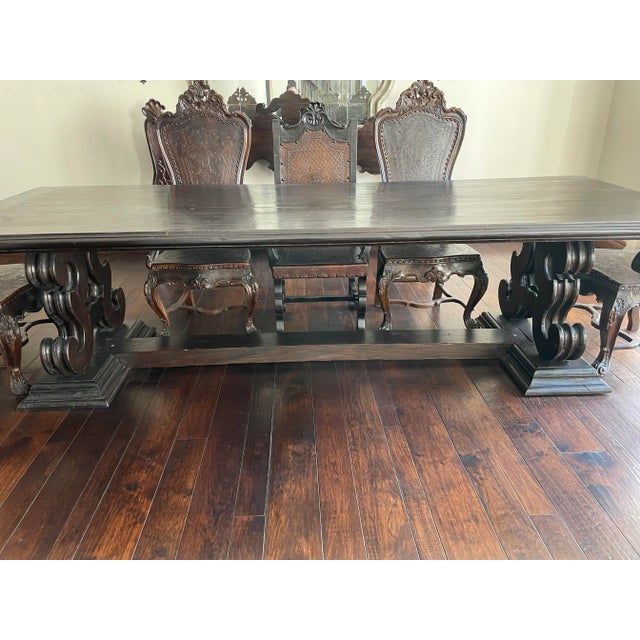 Antique Dining Room Set With Leather & Wood Chairs - 11 Pieces For Sale - Image 11 of 13