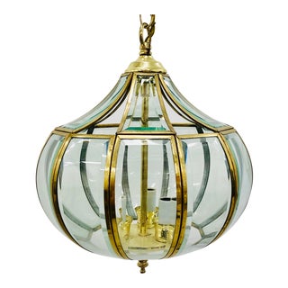 Vintage Brass & Glass Pendant Chandelier For Sale
